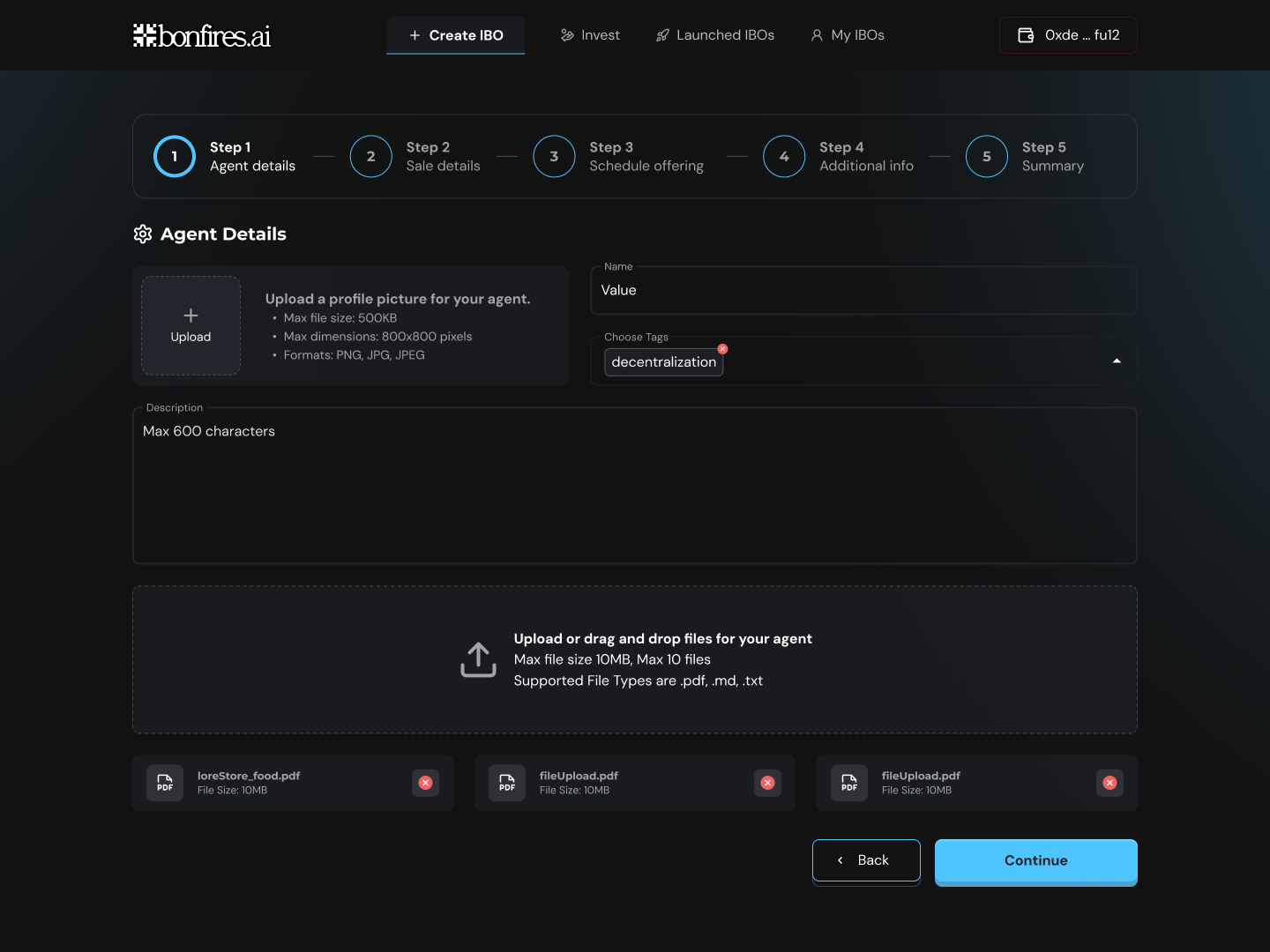 Five-step wizard for launching an agent. Step one collects the agent profile picture, name, tags, description and knowledge files.