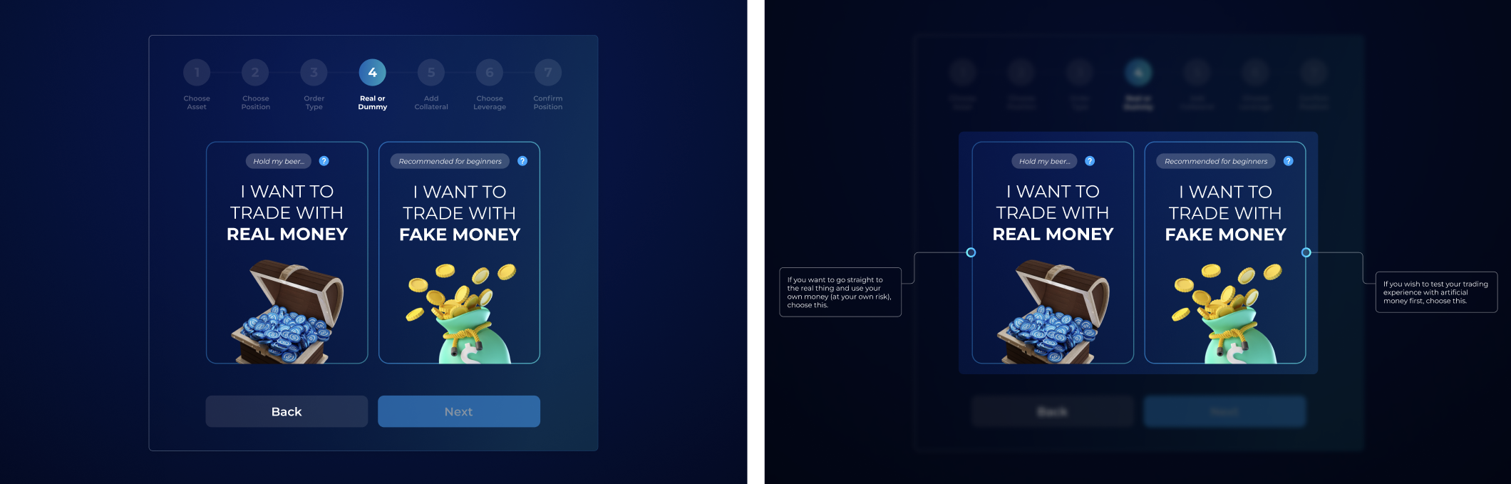 Onboarding step four, real money or fake money, shown plain and with tutorial callouts that explain each option.