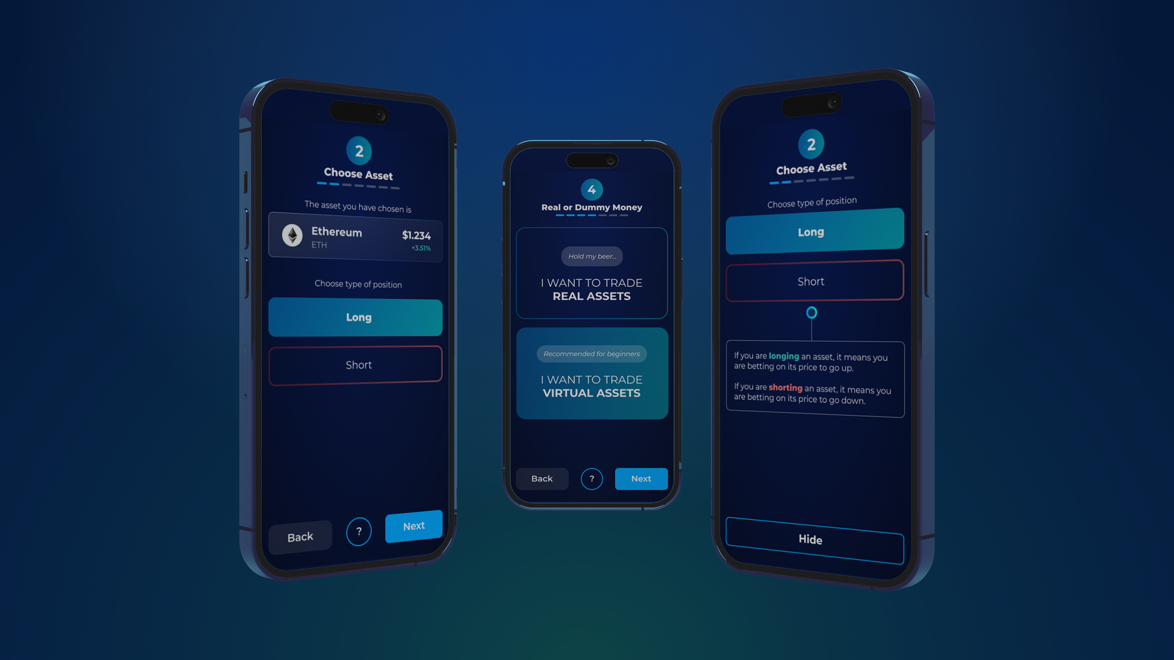 Three onboarding steps on phones. Choose an asset, choose real or dummy money, and the explainer for long versus short.