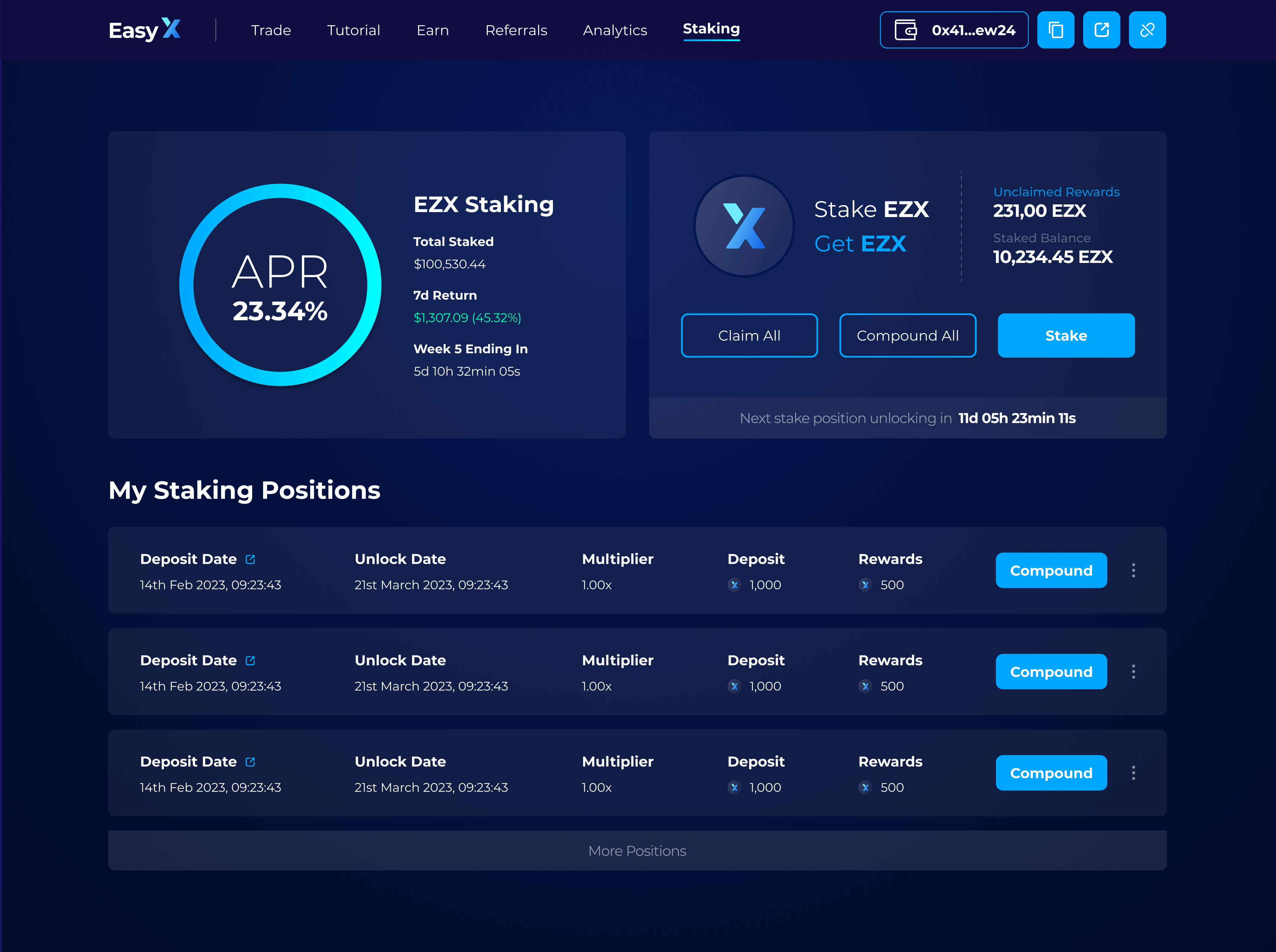 EasyX staking page. A large APR figure, stake and claim actions, and a list of staking positions with deposit and unlock dates.