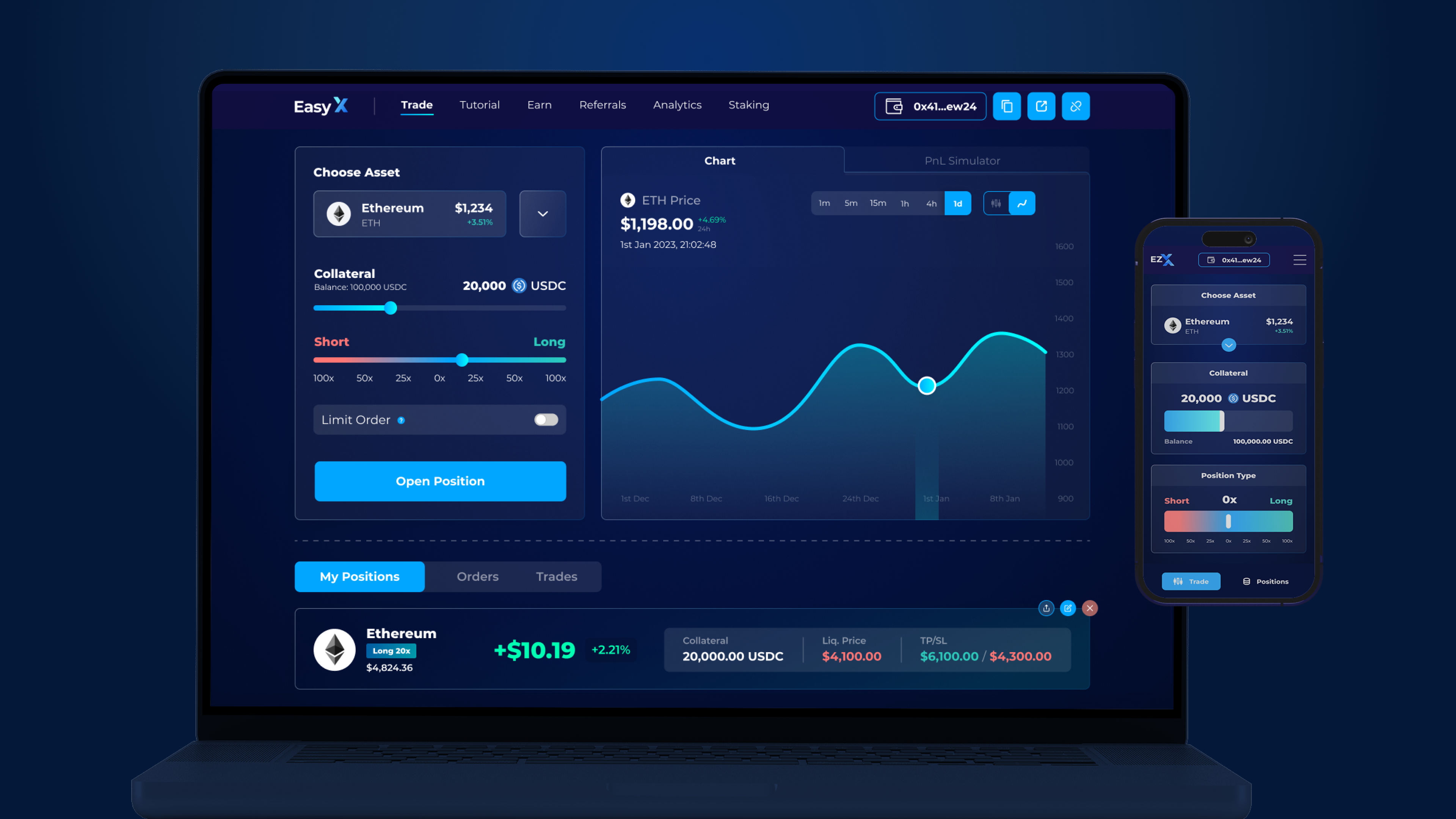 EasyX trade screen on a laptop and a phone. Asset picker, collateral slider, a short-to-long slider for position size, the price chart and one open position.
