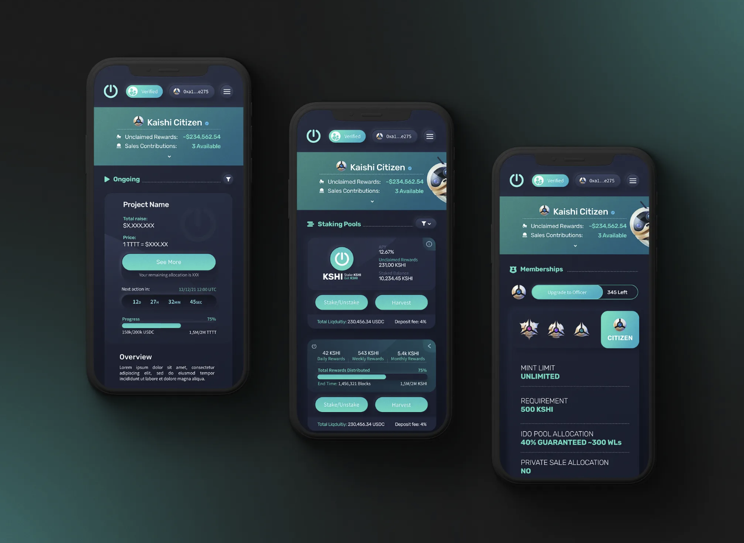 Three phone screens. An ongoing sale with countdown and progress, staking pools with harvest actions, and the membership tier detail.